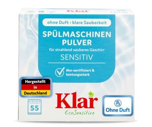 Klar EcoSensitive® Polvo para lavavajillas SENSITIV, 1,375 kg, sin | Detergente para lavavajillas en polvo - Polvo para platos limpios - sabor neutro, certificado ECOCERT y vegano
