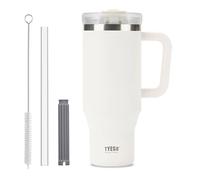 Klaraber Taza de café de viaje con asa, vaso de 1200 ml con tapa cerrada, botella de agua aislada de acero inoxidable con paja, impermeable y portátil, para bebidas calientes y