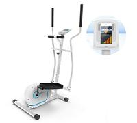 Klarfit Myon Cross - Bicicleta eliptica para casa, 8 niveles de resistencia, Volante de inercia de 12kg, Pantalla LCD, Accionamiento por correa silencioso, Pulsometro, Proteccion de suelo, Blanco seda