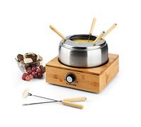 Klarstein Bamboo - Fondue 1,3L Placa calefactora acero inoxidable 800W, Fondue eléctrica con Termostato, 6 tenedores para queso, Pies antideslizantes, Olla acero inoxidable, Base de bambú, Marrón
