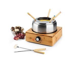 Klarstein Bamboo - Fondue 1,3L Placa calefactora acero inoxidable 800W, Fondue eléctrica con Termostato, 6 tenedores para queso, Pies antideslizantes, Olla acero inoxidable, Base de bambú, Marrón