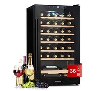 Klarstein Bodega de vino, Nevera para vino con patas con puerta de cristal, bodega de envejecimiento, Prosecco, cerveza, pantalla táctil, nevera bar, heladera, protección UV, 5-18°C, 36 botellas