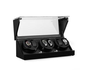 KLARSTEIN CAPM - Estuche Vitrina para Relojes, Bobinadora, Ventana acrílica, Carcasa lacada, Hecha a Mano, Aspecto Fibra de Carbono, 4 programas de rotación, 3 bobinas para 6 Relojes, Negro
