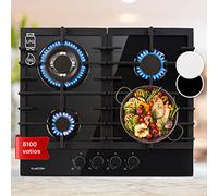 Klarstein Cocina de Gas Butano, 4 Fuegos Placa de Gas para Encimera Cocina, Potencia de 8100W, Placa Butano Integrada de Acero y Cristal, Fogones para Cocinas, Encimera de 4 Anillos GPL