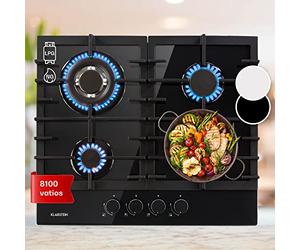 Klarstein Cocina de Gas Butano, 4 Fuegos Placa de Gas para Encimera Cocina, Potencia de 8100W, Placa Butano Integrada de Acero y Cristal, Fogones para Cocinas, Encimera de 4 Anillos GPL