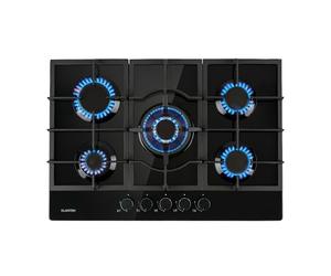 Klarstein Cocina de Gas Butano l Placa Gas Butano de 5 Fuegos, Fogones con Quemador, Válvula Seguridad, Autoapagado, Rejillas de Hierro Fundido, Tamaño 75 cm l Encimera Cocina de Butano, Negro