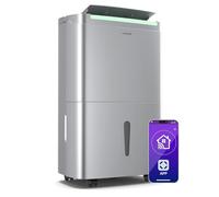 Klarstein DryFy Connect 50L Deshumidificador, Wifi, 50L/día, Silencioso, 7L Depósito, Temporizador 24h, Bajo Consumo, Desagüe Permanente, Portátil, Habitaciones 45-55m²