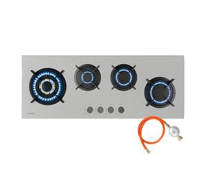 Klarstein Goldflame 4 Slim Placa de Gas, 4 Quemadores de Latón, Encendido SnapJet, Protección Contra Fallo de Llama, Acero Inoxidable, Apta para Gas Natural y GLP, Incluye Manguera y Reductor