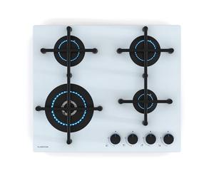 Klarstein Illuminosa 4 Placa de Gas, 4 Quemadores Sabaf, 4kW Wok, Encendido Eléctrico, Cristal Templado, Compatible con Gas Natural y GLP, Soportes de Hierro Fundido, Blanco