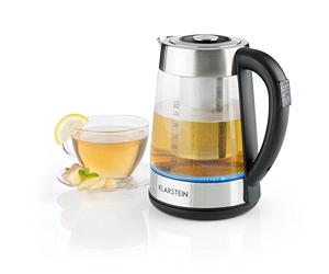 Klarstein Ostfries Hervidor de agua 2 en 1 - Tetera eléctrica, Colador de té, 1,7 litros, 2200 W, Preparación bebidas, Regulable, LED, Acero inoxidable y Cristal