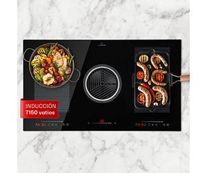 Klarstein Placa Induccion Vitroceramica 2 en 1 con Campana Extractora para Islas de Cocina, Extractor de Acero Flujo Aire 654m³/h, Encimera con 4 Fuegos con Control Táctil Clase Energética A