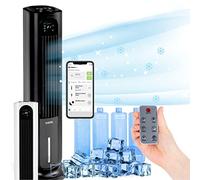 KLARSTEIN Polar Tower Smart Climatizador Evaporativo - 4 en 1: Ventilador, Humidificador & Purificador, Control App & Alexa, Depósito 7L, 3.306 m³/h, Modo Noche, Portátil con Ruedas, Negro