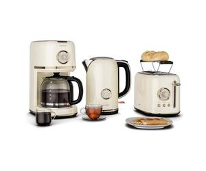 Klarstein Victoria Juego de Desayuno Completo - Tostadora 2 Ranuras 7 Niveles, Hervidor Agua Eléctrico 1.7L, Cafetera Goteo 12 Tazas, Diseño Retro, Soporte Panecillos, Cream