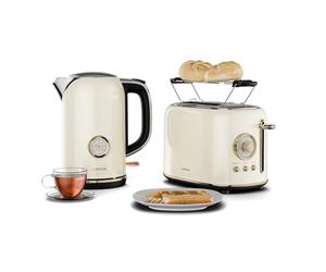 Klarstein Victoria Juego de Desayuno Esencial - Tostadora 2 Ranuras con 7 Niveles, Bandeja Recogemigas, Soporte Panecillos, 1.7L Hervidor Agua Eléctrico con Filtro Antical, Apagado Automático, Cream
