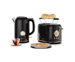 Klarstein Victoria Juego de Desayuno - Tostadora 2 Ranuras con 7 Niveles, Bandeja Recogemigas, Soporte Panecillos, 1.7L Hervidor Agua Eléctrico con Filtro Antical, Apagado Automático, Negro