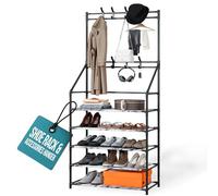 Klass Home Collection Zapatero de 5 niveles y perchero ligero, organizador multiusos de almacenamiento de zapatos con 2 rieles para colgar y 8 ganchos, organizador de pasillo para zapatos y accesorios