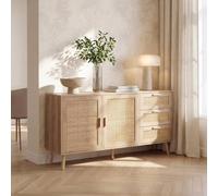 KLAST Aparador 148 en Madera Blanca y Ratán Natural, con 2 Puertas y 3 Cajones para Optimizar Espacio y Estilo. Anclaje Recomendado.