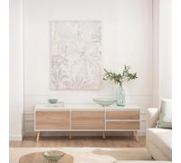 KLAST Mueble TV Kemi, madera blanca y natural, estilo nórdico, compartimentos espaciosos, dimensiones 160 x 51 Cm.