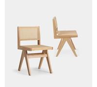 KLAST Pack de 2 Sillas de Comedor Nelha en Madera de Hevea Natural con Detalles en Ratán - Diseño Moderno y Sofisticado - 80 cm x 44 cm - Ideales para un Estilo Clásico y Atemporal