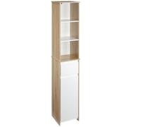 kleankin Armario Alto de Baño 3 Estantes 32,6x30x171,2 cm Natural y Blanco | Mueble Columna de Baño, 1 Puerta, Cajón, Balda Ajustable, para Cocina, para Salón, Espacio Pequeño