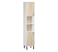 kleankin Armario Alto de Baño Columna Auxiliar de Baño con 2 Puertas y 6 Estantes para Ducha Aseo Dormitorio Estilo Moderno 31,5x30x169 cm Blanco y Roble