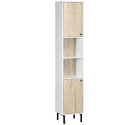 kleankin Armario Alto de Baño con 2 Puertas 31,5x30x169 cm Blanco y Roble | Columna Auxiliar de Baño, 6 Estantes, Estantes Ajustables, para Ducha Aseo Dormitorio, Espacio Pequeño, Estilo Moderno