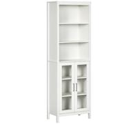 kleankin Armario Alto de Baño con 2 Puertas de Vidrio 53x30x162 cm Blanco | 3 Estantes Abiertos, Columna Auxiliar de Baño, Estante Ajustable, para Salón Aseo Dormitorio, Estilo Moderno