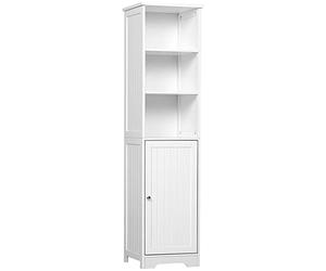 kleankin Armario Alto de Baño de 5 Niveles Columna Auxiliar de Baño con 3 Estantes 1 Puerta y Balda Interior Ajustable 40x38x160 cm Blanco