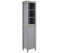 kleankin Armario Alto de Baño Moderno Columna de Baño 39x30x168 cm Gris | 1 Puerta, Estante Ajustable, 3 Compartimentos Abiertos
