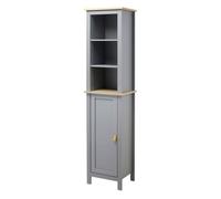 kleankin Armario Alto de Baño Moderno Mueble Columna de Baño con 1 Puerta Estante Ajustable y 3 Compartimentos Abiertos 39x30x168 cm Gris