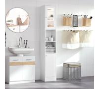 kleankin Armario Alto para Baño con Espejo Mueble Columna de Baño Madera con 2 Estantes Abiertos 2 Puertas y Baldas Interiores Ajustables 30x28x180 cm Blanco