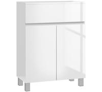 kleankin Armario de almacenamiento de baño de alto brillo, armario de suelo de baño independiente con cajón y estante ajustable, color blanco