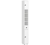 kleankin Armario de Baño Alto, Columna de Baño Estrecha con 1 Cajón, 4 Estantes Abiertos y Estantes Ajustables, 2 Puertas, Estilo Moderno, para Espacios Pequeños, 20x20x180 cm, Blanco