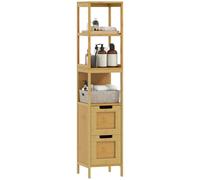kleankin Armario de Baño Alto, Columna de Baño Estrecha con 3 Estantes y 2 Cajones de Bambú, Estilo Moderno, 30x30x144,3 cm, Natural