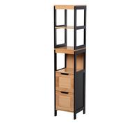 kleankin Armario de Baño Alto, Columna de Baño Estrecha con 3 Estantes y 2 Cajones de Bambú, Estilo Moderno, 30x30x144,3 cm, Negro y Natural