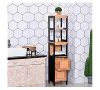 kleankin Armario de Baño Alto, Columna de Baño Estrecha con 3 Estantes y 2 Cajones de Bambú, Estilo Moderno, 30x30x144,3 cm, Negro y Natural