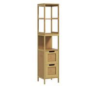 Kleankin armario de baño alto, columna de baño estrecha con 3 estantes y 2 cajones de bambú, estilo moderno, 30x30x144,3 cm, natural 30 cm
