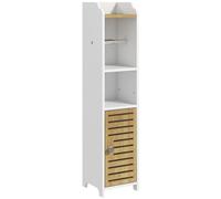 kleankin Armario de Baño Moderno Columna Auxiliar de Baño Mueble de Suelo de Baño con Estantes 1 Puerta y Portarrollos de Papel para Dormitorio Sala 18x20x90 cm Blanco y Roble