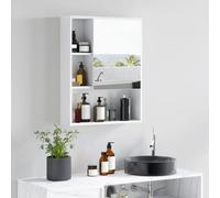 kleankin - Armario de pared con espejo, 60 x 15 x 76 cm, mueble de baño, armario con puerta espejo, 5 compartimentos y estante ajustable, color blanco