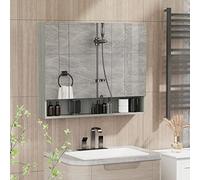kleankin - Armario de pared con espejo, 90 x 15 x 75 cm, mueble de baño, armario de baño con 3 puertas espejos, compartimento abierto y estantes ajustables, color gris