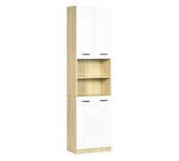 kleankin Columna Auxiliar de Baño Armario Alto de Baño con 4 Puertas 2 Estantes Abiertos y Estantes Ajustables Estilo Moderno para Salón 53x33,5x195,7 cm Blanco y Roble