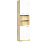 kleankin Columna Auxiliar de Baño Moderno 53x33,5x195,7 cm Blanco y Roble | Armario Alto de Baño, con 4 Puertas, 2 Estantes Abiertos, Estantes Ajustables, Estilo Moderno, para Salón