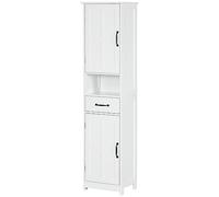 kleankin Columna de Baño Armario de Baño Alto con 2 Puertas 1 Cajón Estante Abierto y Estantes Ajustables Antivuelco 40x30x164 cm Blanco