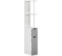 kleankin Columna de Baño con Puertas 15,2x29,8x118 cm Blanco y Gris | Mueble de Baño, Estantes Abiertos, Armario de Baño, Estilo Moderno