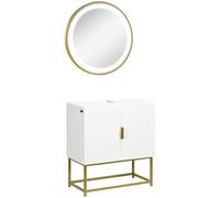 kleankin Conjunto de Baño con Luz LED 60x30x65 cm Ø60x4 cm Blanco y Dorado | Juego de Mueble para Debajo del Lavabo, Patas de Acero, Espejo de Baño, Interruptor Táctil