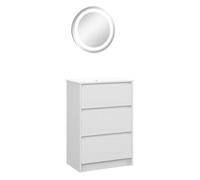 Kleankin conjunto de baño incluye 1 mueble de baño con lavabo 61x37x88 cm y 1 espejo de baño con luz led antivaho interruptor táctil ø50x4,6 cm blanco brillante y plata