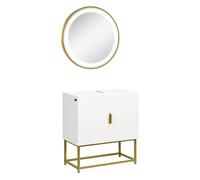 kleankin Conjunto de Baño Juego de Mueble para Debajo del Lavabo con Patas de Acero y Espejo de Baño con Luz LED Interruptor Táctil 60x30x65 cm Ø60x4 cm Blanco y Dorado