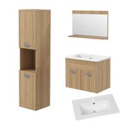 kleankin Conjunto de Muebles de Baño de Pared 3 Piezas Incluye Espejo Armario con Lavabo Cerámico y Columna de Baño Natural