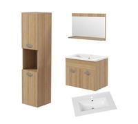Kleankin conjunto de muebles de baño de pared de 3 piezas, incluye espejo, mueble de baño con lavabo cerámico, armario alto con estantes ajustables, estilo moderno, natural 40 cm