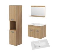 Kleankin conjunto de muebles de baño de pared de 3 piezas, incluye espejo, mueble de baño con lavabo cerámico, armario alto con estantes ajustables, estilo moderno, natural